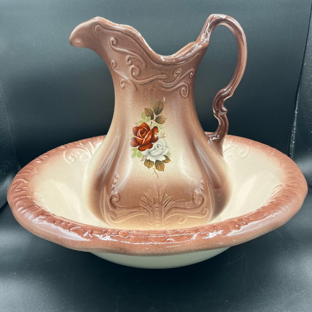 Antique Ironstone England Wash Basin‎ Pitcher Set 1890s Brown Rose Floral As Is